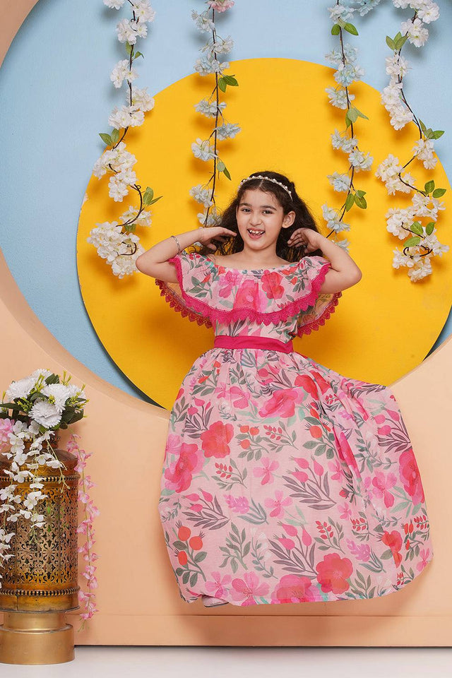 Girl's Pink Floral Printed Silk Dress