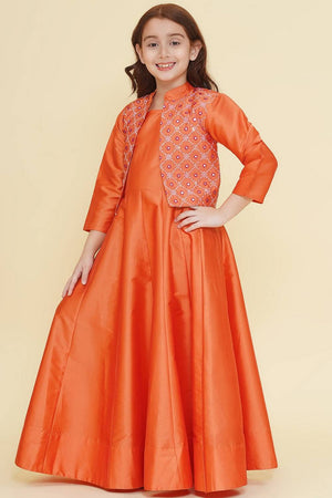 Girl's Orange Solid Silk Dress