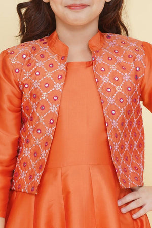 Girl's Orange Solid Silk Dress