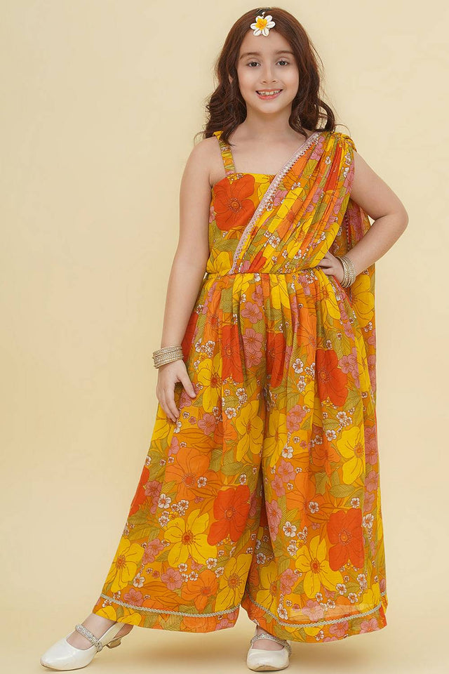Girl's Yellow Floral Printed Silk Dress