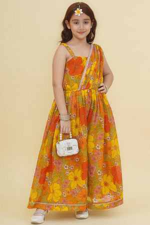 Girl's Yellow Floral Printed Silk Dress