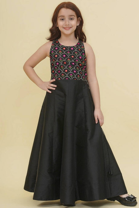 Girl's Black Embroidered Silk Dress