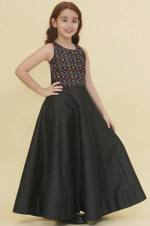 Girl's Black Embroidered Silk Dress