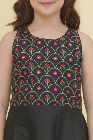 Girl's Black Embroidered Silk Dress
