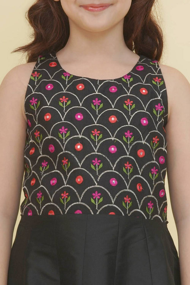 Girl's Black Embroidered Silk Dress