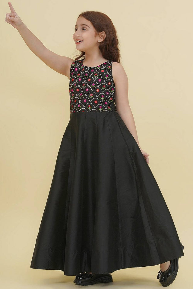 Girl's Black Embroidered Silk Dress