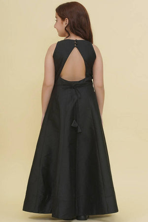 Girl's Black Embroidered Silk Dress