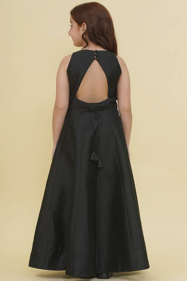 Girl's Black Embroidered Silk Dress