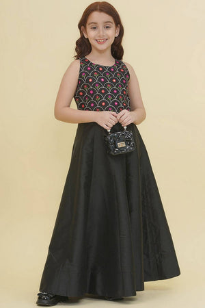 Girl's Black Embroidered Silk Dress