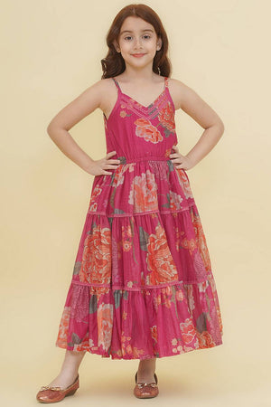 Girl's Pink Floral Printed Silk Lehenga