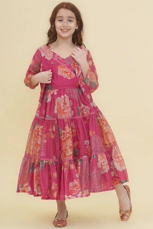 Girl's Pink Floral Printed Silk Lehenga
