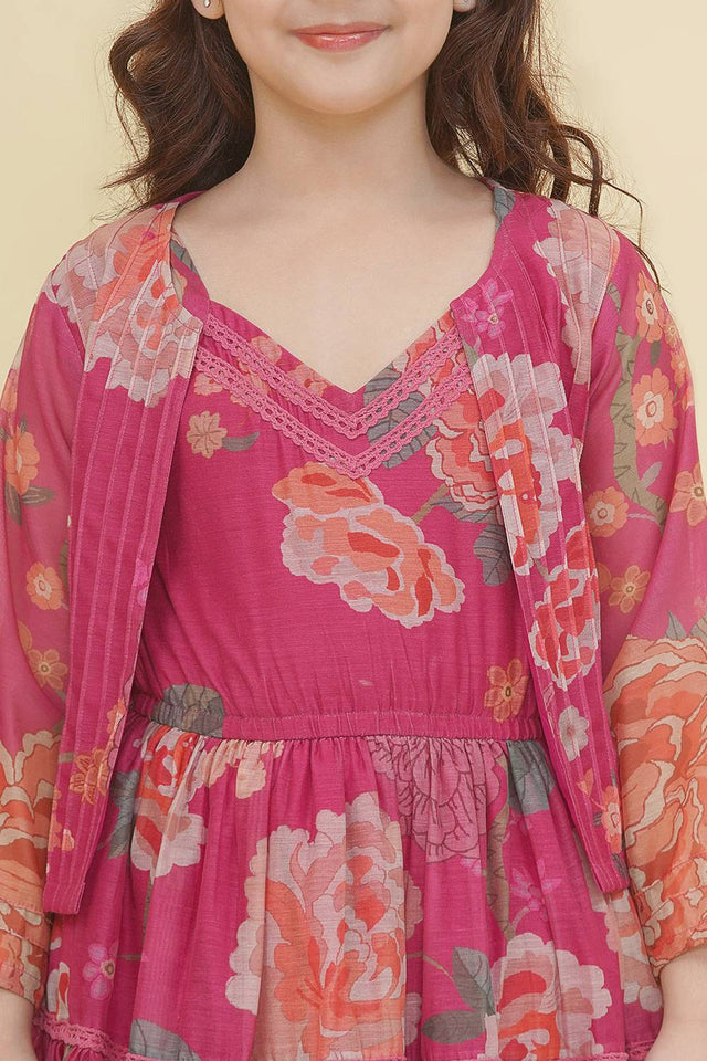 Girl's Pink Floral Printed Silk Lehenga