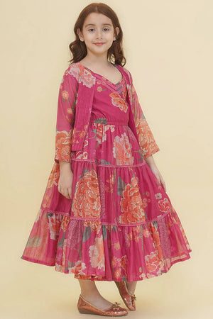 Girl's Pink Floral Printed Silk Lehenga