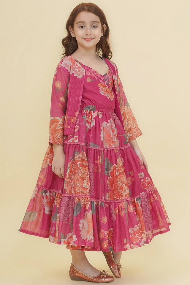 Girl's Pink Floral Printed Silk Lehenga