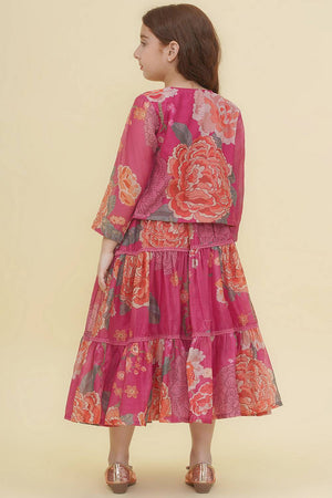 Girl's Pink Floral Printed Silk Lehenga
