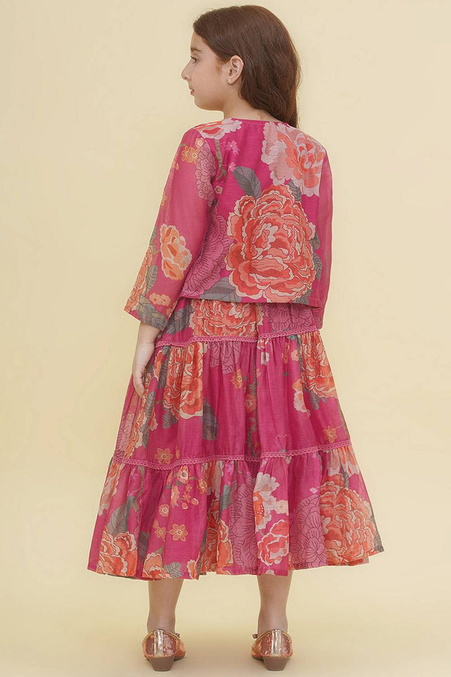 Girl's Pink Floral Printed Silk Lehenga