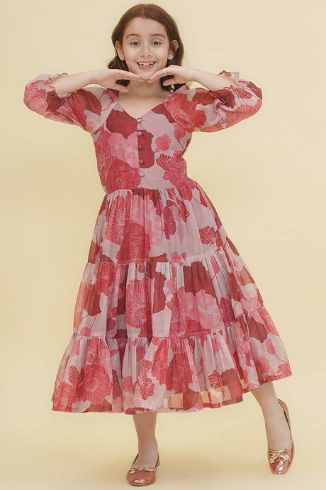 Girl's Maroon Floral Printed Silk Dress