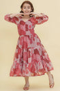 Girl's Maroon Floral Printed Silk Dress