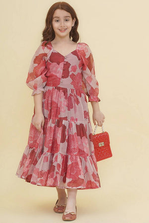 Girl's Maroon Floral Printed Silk Dress