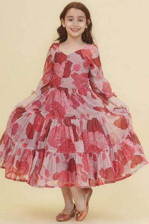 Girl's Maroon Floral Printed Silk Dress