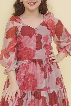 Girl's Maroon Floral Printed Silk Dress