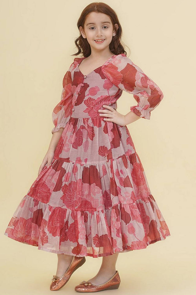 Girl's Maroon Floral Printed Silk Dress