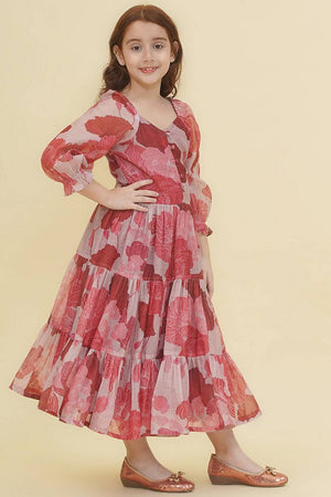 Girl's Maroon Floral Printed Silk Dress