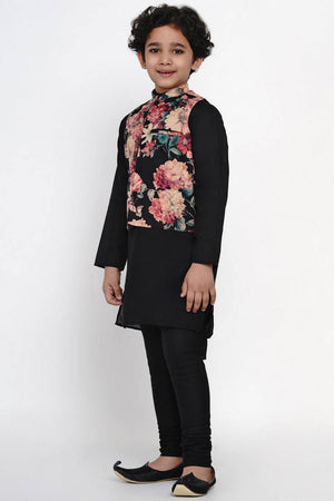 Boy's Black Floral Printed Cotton Kurta Set