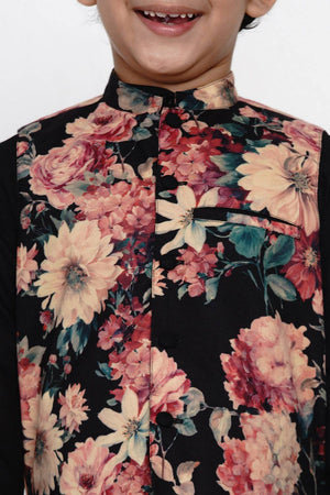 Boy's Black Floral Printed Cotton Kurta Set