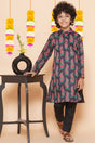 Boy's Black Floral Printed Silk Kurta Set