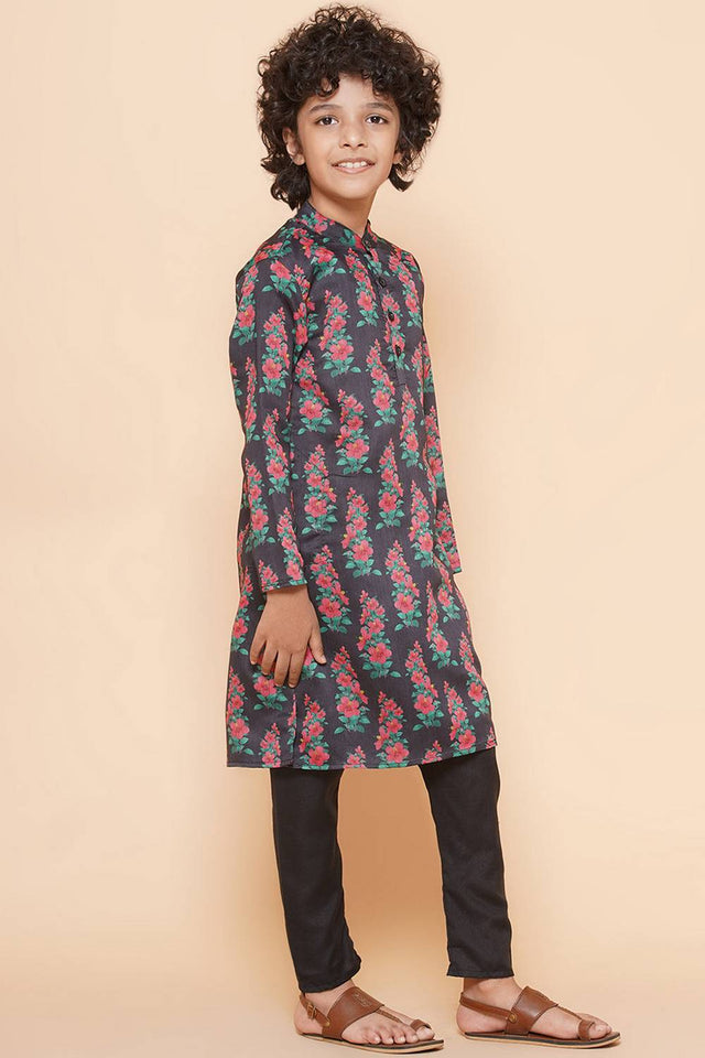 Boy's Black Floral Printed Silk Kurta Set