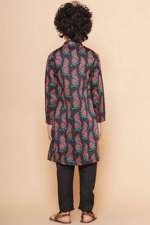 Boy's Black Floral Printed Silk Kurta Set