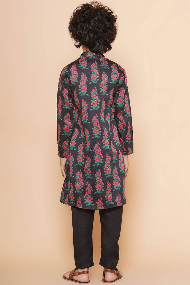 Boy's Black Floral Printed Silk Kurta Set