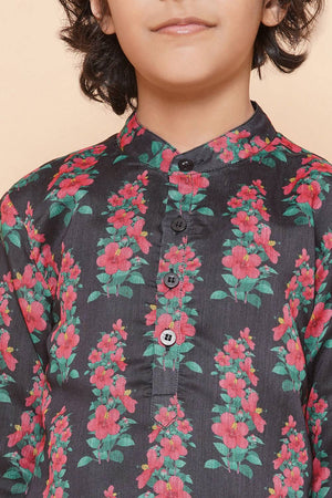 Boy's Black Floral Printed Silk Kurta Set