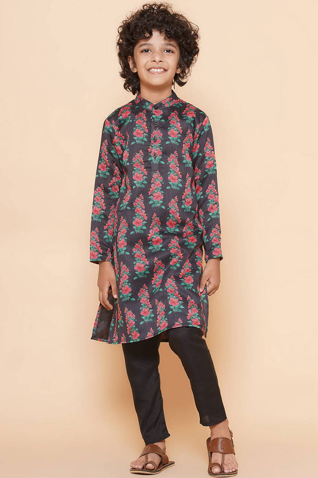 Boy's Black Floral Printed Silk Kurta Set