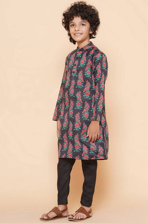 Boy's Black Floral Printed Silk Kurta Set
