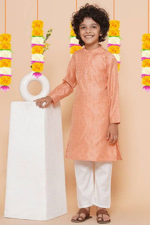 Boy's Peach Woven Silk Kurta Set