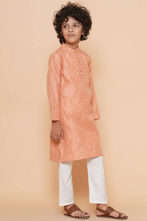 Boy's Peach Woven Silk Kurta Set
