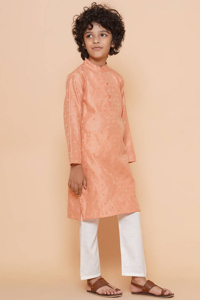 Boy's Peach Woven Silk Kurta Set