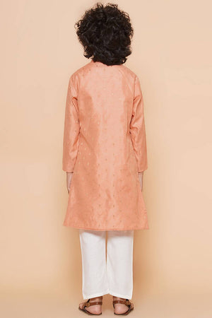 Boy's Peach Woven Silk Kurta Set