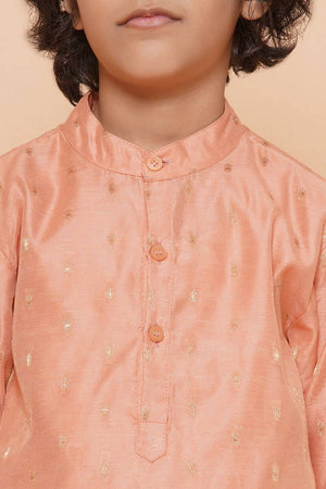 Boy's Peach Woven Silk Kurta Set