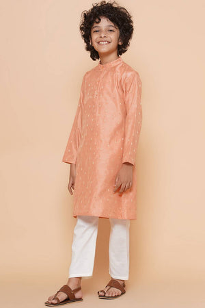 Boy's Peach Woven Silk Kurta Set