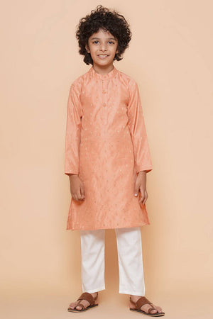Boy's Peach Woven Silk Kurta Set
