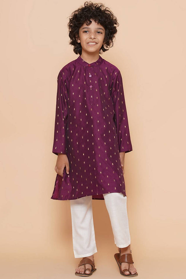 Boy's Violet Woven Silk Kurta Set