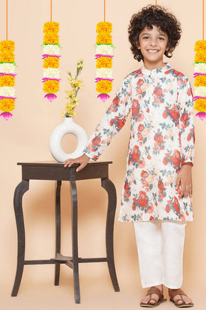 Boy's White Floral Printed Silk Kurta Set