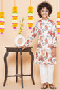 Boy's White Floral Printed Silk Kurta Set