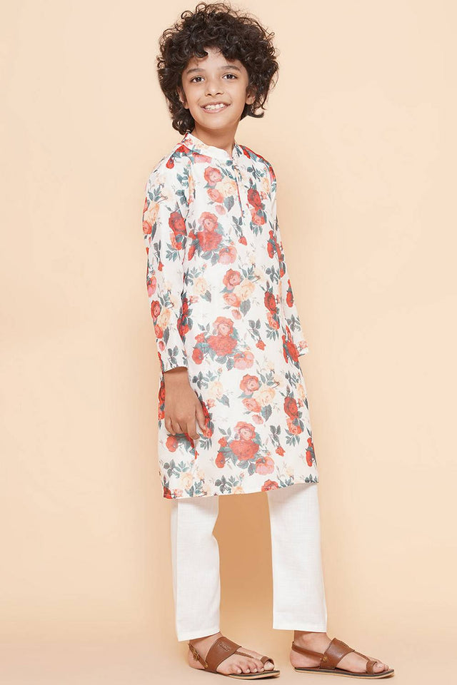 Boy's White Floral Printed Silk Kurta Set
