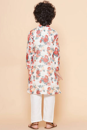 Boy's White Floral Printed Silk Kurta Set