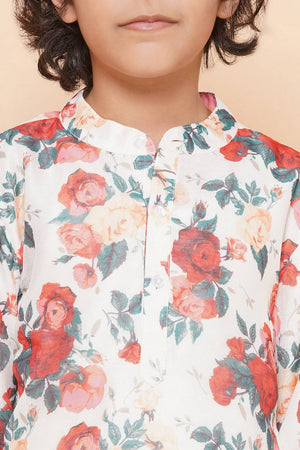 Boy's White Floral Printed Silk Kurta Set