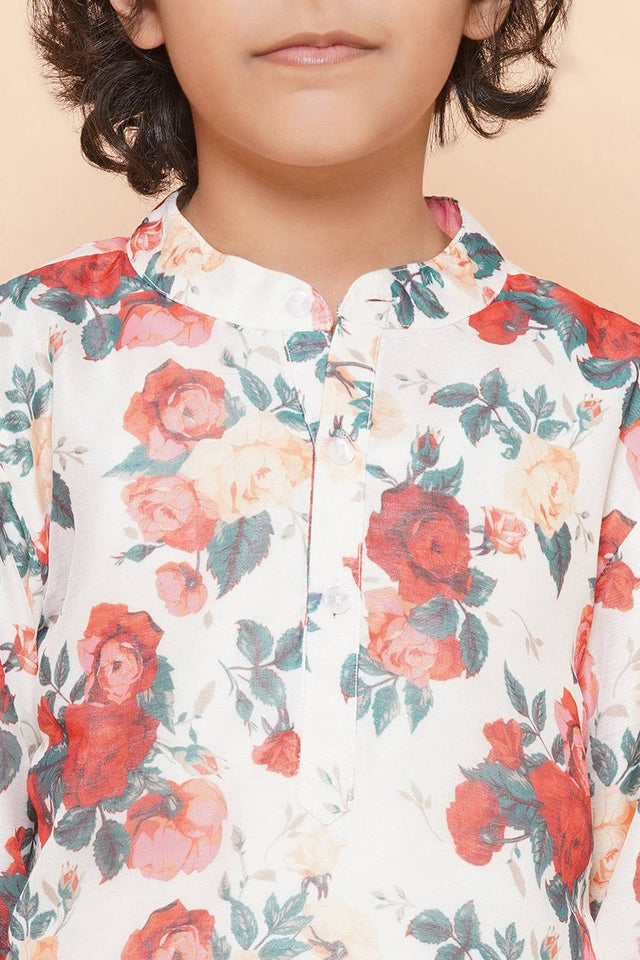 Boy's White Floral Printed Silk Kurta Set